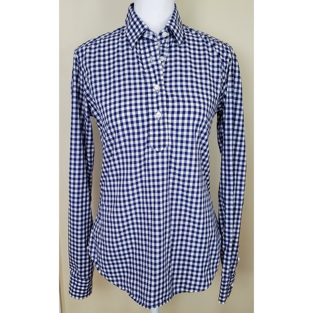 Ann Mashburn Popover Blue White Gingham Cotton USA Small Long Sleeve Casual